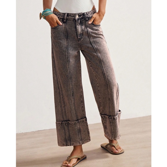 Western Mineral Wash Cuff hem Straight Leg Denim Jeans Pants - Picture 3 of 7